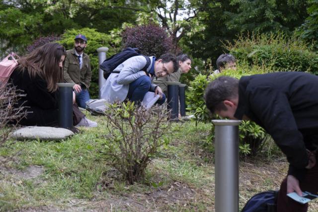 people in a park looking through a tunel