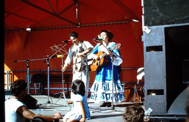 Two people singing at a concert