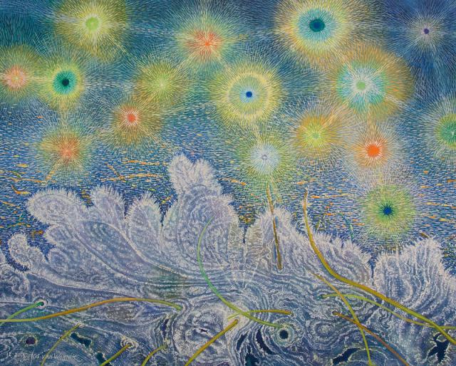 A painting with pointillism technique resembling the starts and the ocean