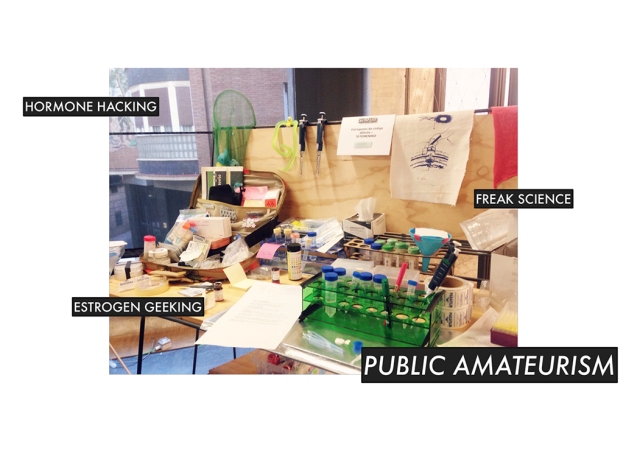 Picture of a table with diverse materials on top, like plastic, carton, tubes, paper. On the side a collage of words, such as "hormone hacking", "freak science", "public amateurism",etc.