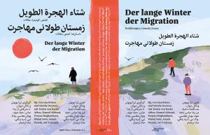 Vorder- und Rückseite eines Buches. Auf der einen Seite eine Illustration einer Person von hinten mit Jacke im Freien unter einer roten Sonne. Auf der rechten Seite zwei warm angezogene Personen, die einen Hügel hinaufsteigen. 