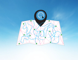 An open map over a blue sky shows us blue lines that connect continents and cities.